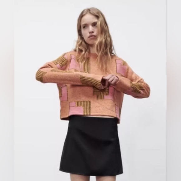 Zara Jacquard Geometric Cropped Sweater Orange Pink | size L - Picture 7 of 9
